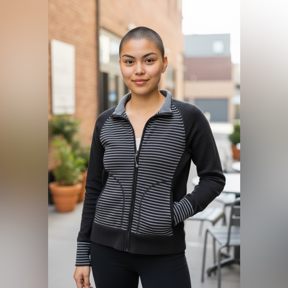 REI Large CoolMax Gray Stripe Full Zip Jacket Stripe